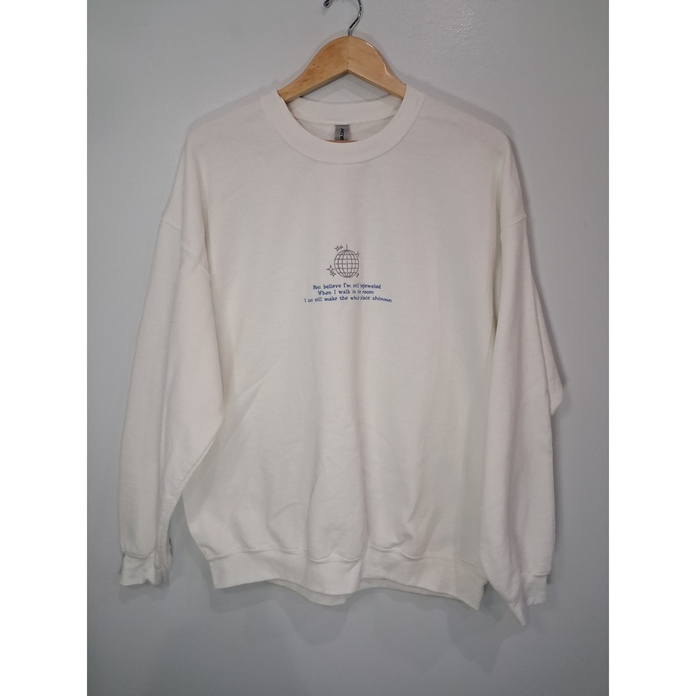 Gildan White Bejeweled Taylor Swift Embroidered‎ Disco Ball Sweatshirt XL
